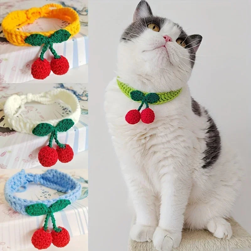 Handmade Knitted Cat Collar With Cherry Decor 1