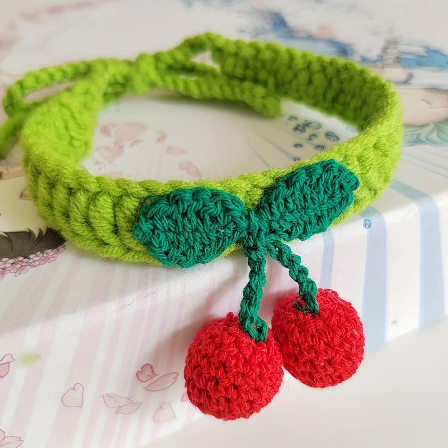 Handmade Knitted Cat Collar With Cherry Decor 1