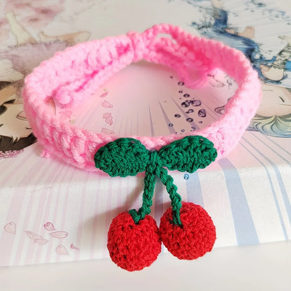 Handmade Knitted Cat Collar With Cherry Decor 1