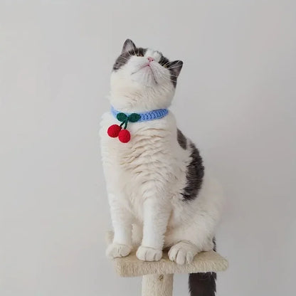 Handmade Knitted Cat Collar With Cherry Decor 1
