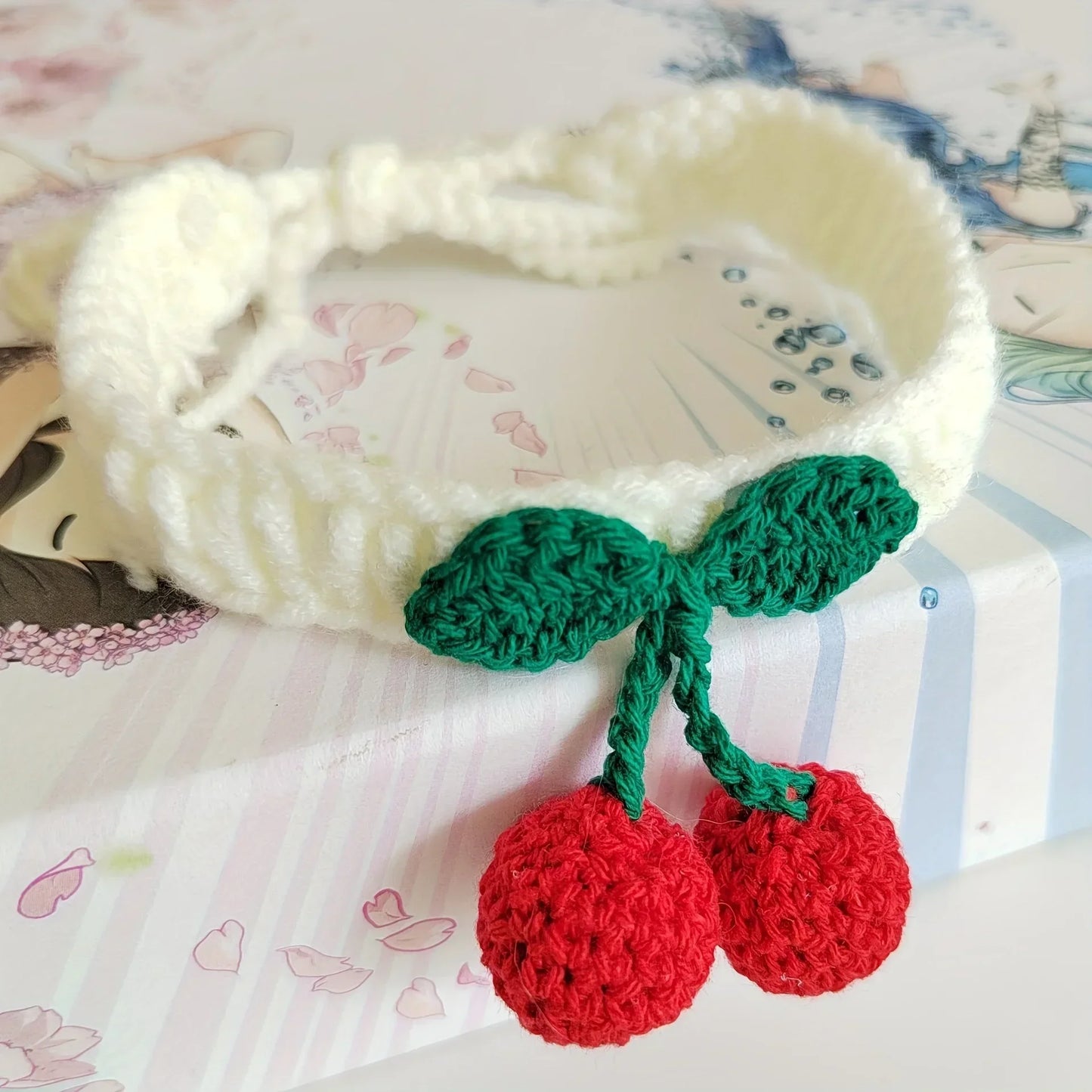 Handmade Knitted Cat Collar With Cherry Decor 1