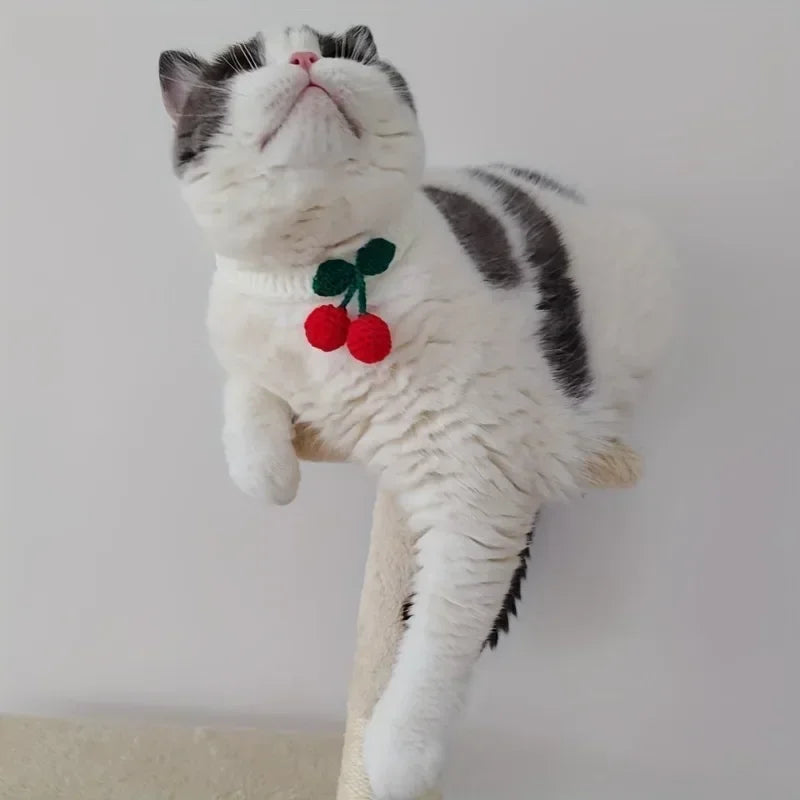 Handmade Knitted Cat Collar With Cherry Decor 1