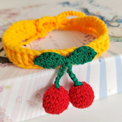 Handmade Knitted Cat Collar With Cherry Decor 1