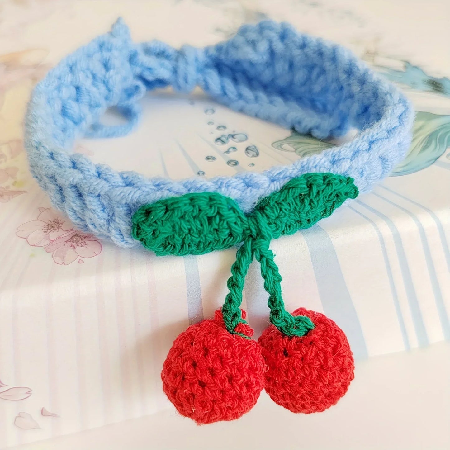 Handmade Knitted Cat Collar With Cherry Decor 1