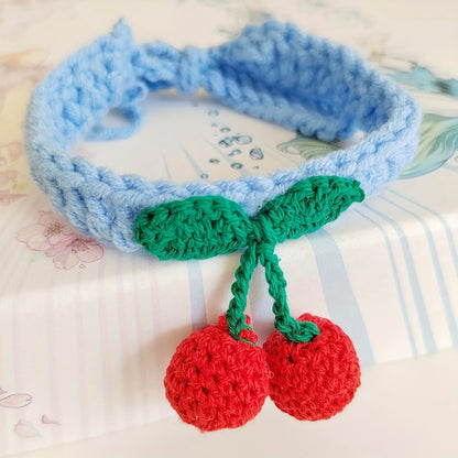 Handmade Knitted Cat Collar With Cherry Decor 1